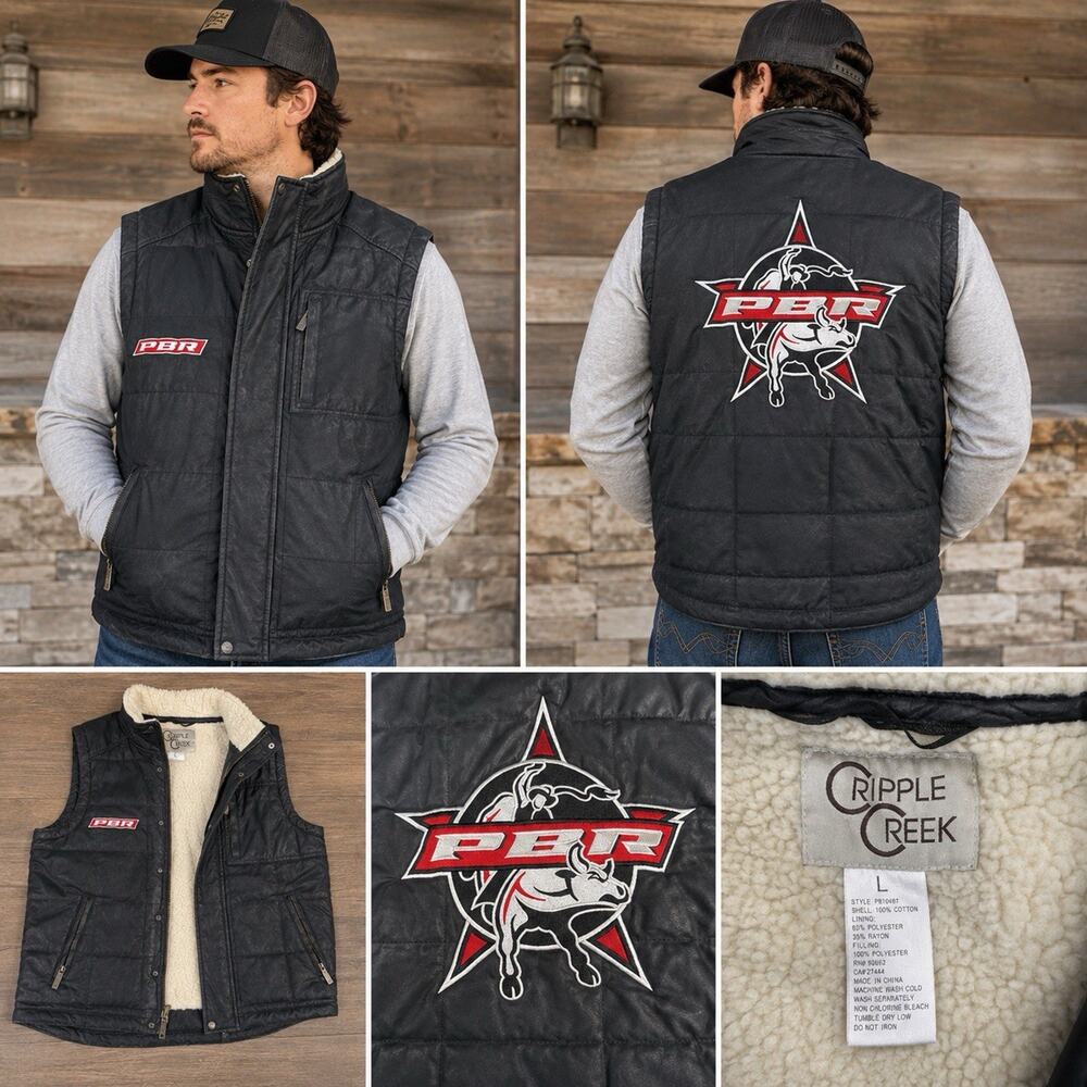 Cripple Creek PBR Vest Mens L Black Sherpa Lined Professional Bull Riders Rodeo